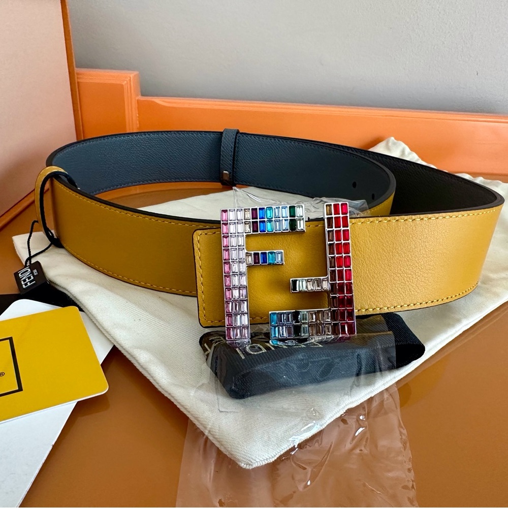 FENDI Multicolor Stones FF Buckle Learher reversible Belt size 85 NEW